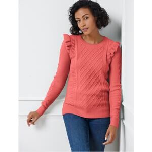 Talbots Cableknit Ruffle Crewneck Sweater Pink Medium Petite